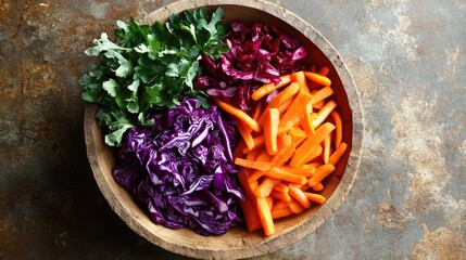 A variety of fresh vegetables in a wooden bowl on the countertop.