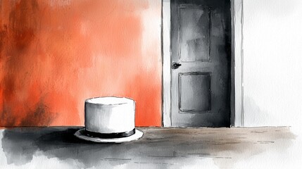  a painting of a door with a top hat sitting on the floor in front of it The wall behind the door is painted in a combination of white and orange colors