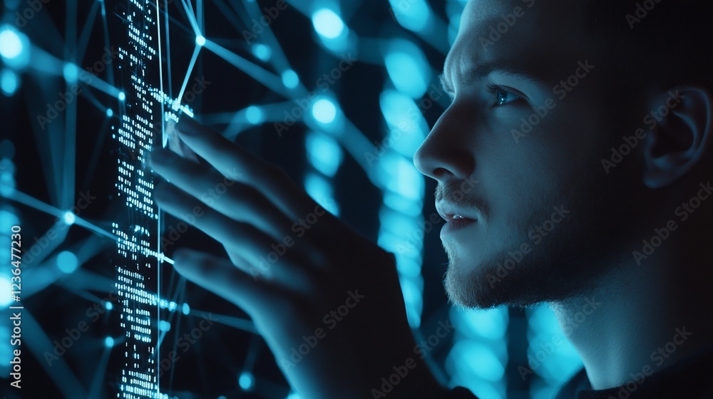 Poster man interacts with a glowing blue interface, futuristic technology and digital data