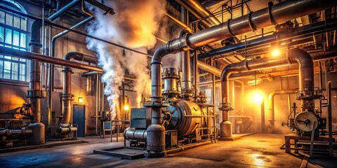A dimly lit boiler room with a large gas furnace at the center, surrounded by pipes and valves, emitting warm steam into the air , warm atmosphere, industrial space