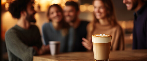 A cup of latte art with heart design on top, placed on a wooden table in a cozy cafÃ© setting, with friends enjoying their time in the background.
