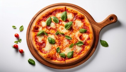 italian pizza on wooden pizza board isolated on white background flat lay top view shot