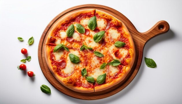 italian pizza on wooden pizza board isolated on white background flat lay top view shot