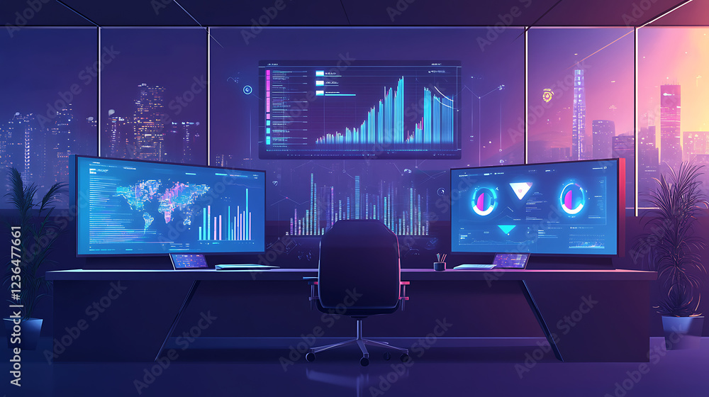Poster a modern workspace with dual monitors displaying data analytics, set against a vibrant city skyline 