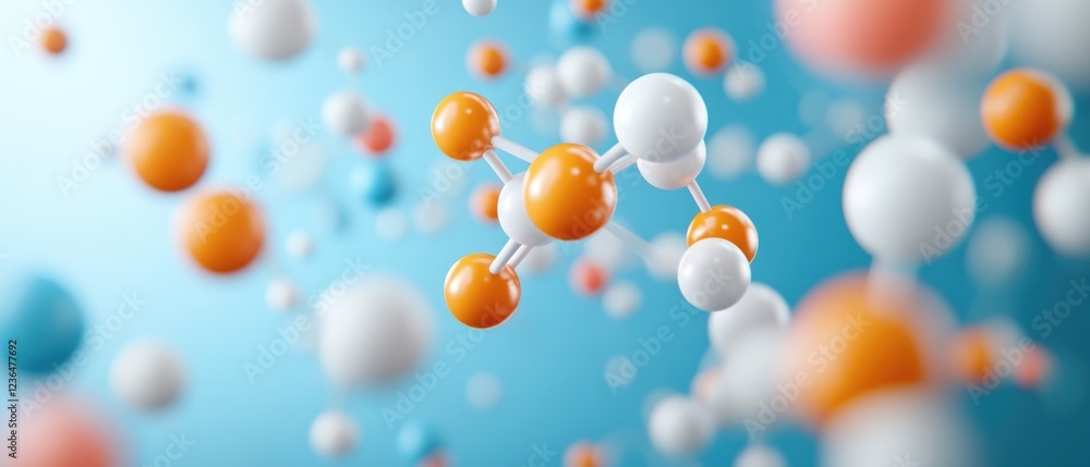Poster scientific molecule interaction exploration laboratory setting 3d visualization blue gradient backgr