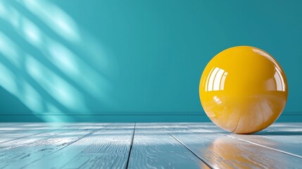  a yellow ball sitting on top of a wooden floor, with a blue wall in the background