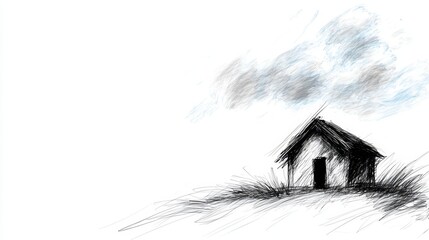 Fototapeta premium a black and white drawing of a small house nestled in the grass, with a white background