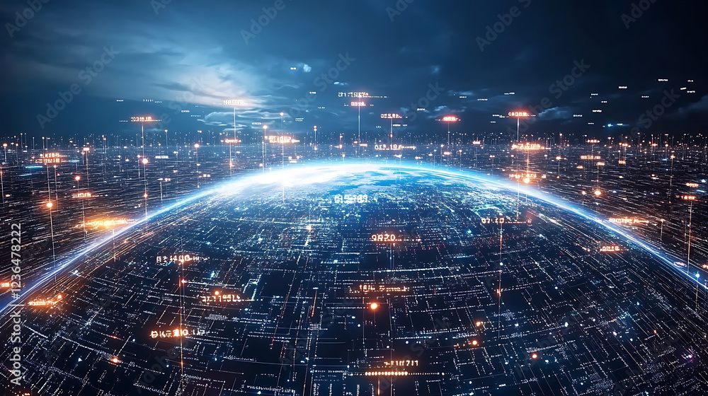 Poster a futuristic digital landscape showcasing a glowing planet surrounded by interconnected networks and