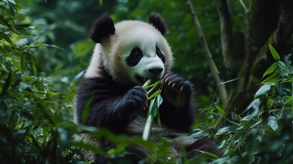 Obraz premium Adorable Baby Panda Munching on Bamboo in Lush Green Forest: Showcasing the Cuteness and Natural Behavior of Young Pandas in Their Native Habitat with Dense Greenery