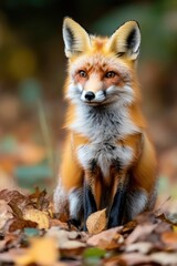 Fototapeta premium Red fox in autumn forest scene with golden leaves on the ground.
