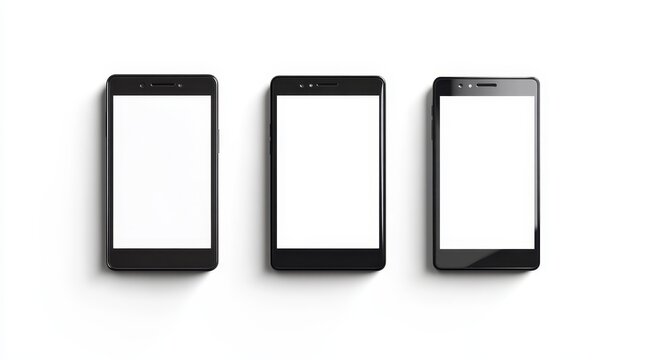 Three black smartphones with blank screens isolated on white background. (2)