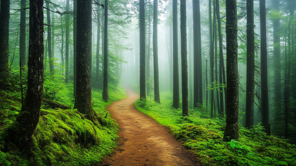 Fototapeta premium Forest path meandering through misty woodland, lush green foliage surrounding verdant landscape, evoking serene wilderness atmosphere