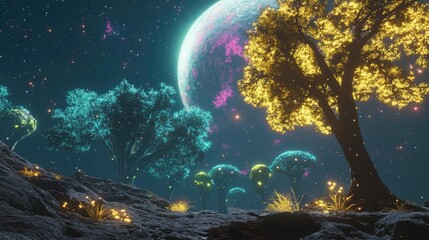 Glowing alien trees on a planet at night, under a large moon; fantasy landscape, digital art
