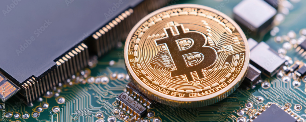Poster Digital currency on circuit board, symbolizing blockchain technology