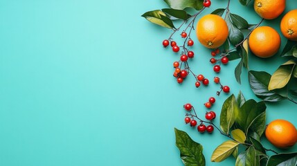 Top view. The background is a light blue color, with orange and red berries scattered on the right side. 