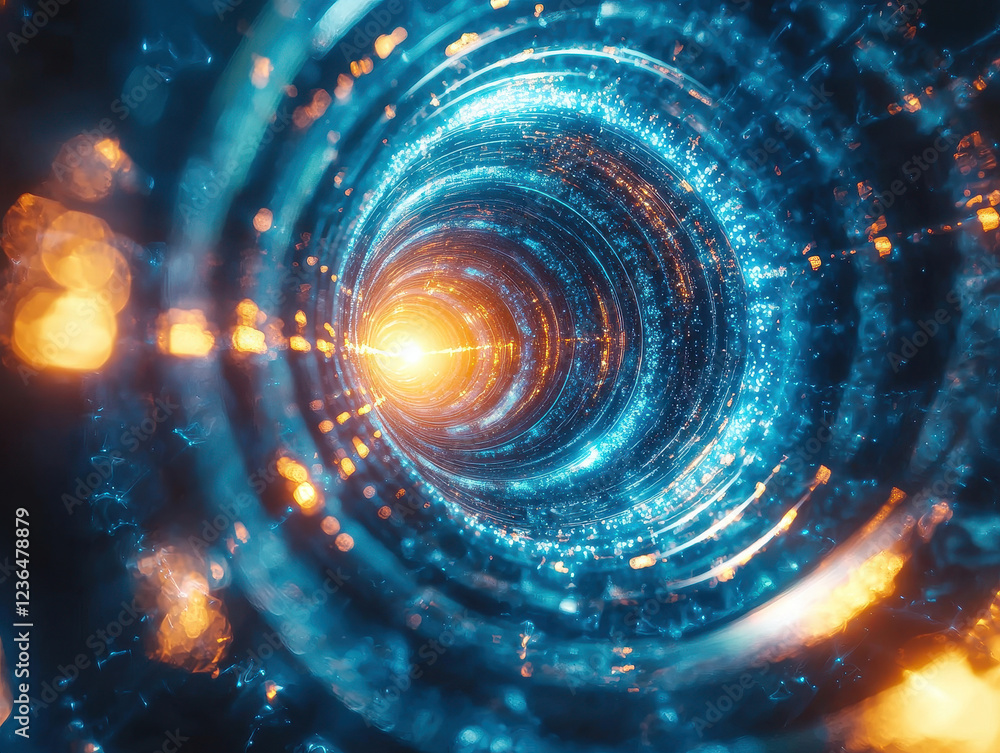 Poster exploring quantum wave function collapse with dynamic light spirals and energetic bursts in a surrea