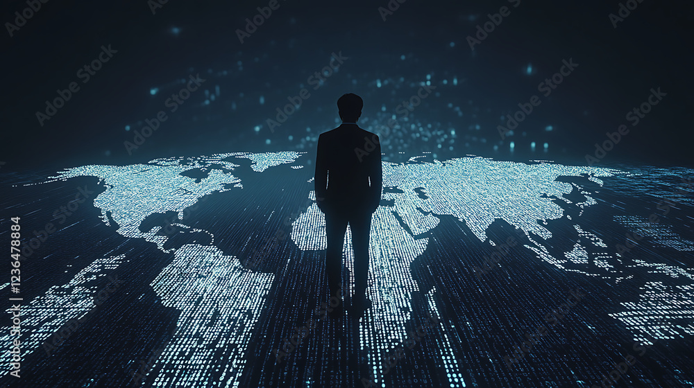 Poster a person stands silhouetted against a digital map illuminated by glowing binary code, representing t