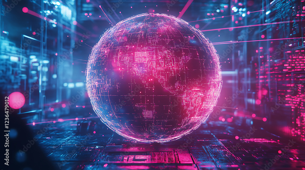 Poster a futuristic, glowing sphere surrounded by digital patterns, representing advanced technology and da