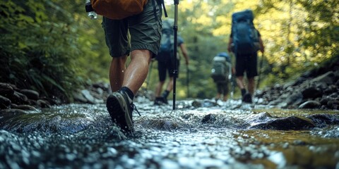 A group of three hikers crossing a stream on their trek. They are equipped for outdoor adventures, wearing backpacks and carrying hiking poles.