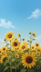 Obraz premium Sunflower field under a bright blue sky with fluffy white clouds