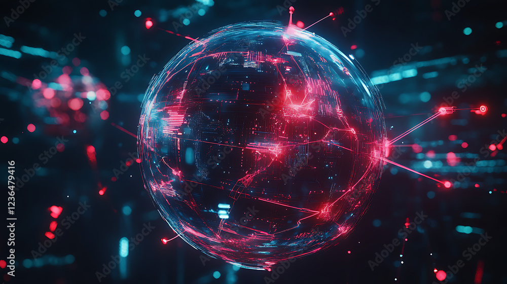 Poster a glowing sphere surrounded by dynamic light trails, representing interconnected data and technology