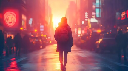 A woman is walking down a city street at sunset