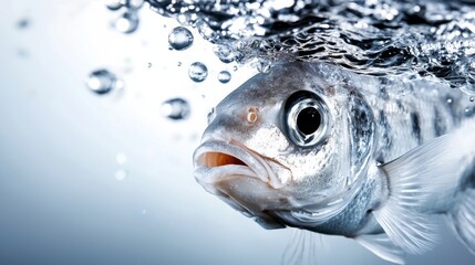  a white fish swimming in the water with its mouth open, surrounded by bubbles