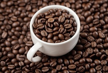 White cup with coffee beans selective focus