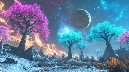 Alien planet landscape, glowing trees, nebula background; fantasy artwork, game design
