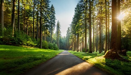 Obraz premium serene forest road with tall trees and green grass forest nature outdoor