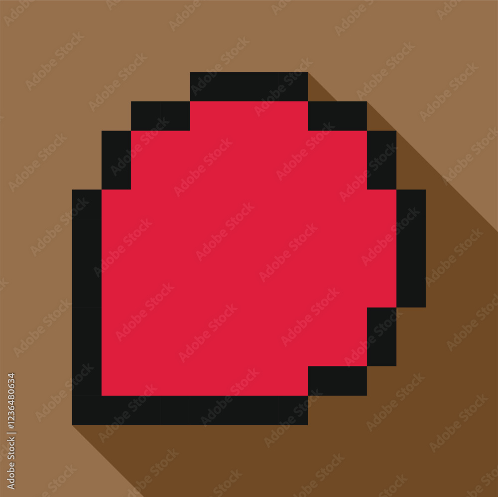 Poster simple pixelated graphic design showcasing a rounded shape filled with red and outlined in black, re