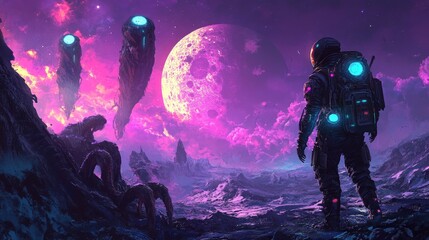 Astronaut exploring alien planet, encountering strange creatures and UFOs under a pink moon; science fiction artwork, ideal for fantasy games