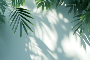 Naklejka premium Abstract silhouette shadow white background of natural leaves tree branch falling on wall. Bokeh shadow of tropical leaves morning sun light