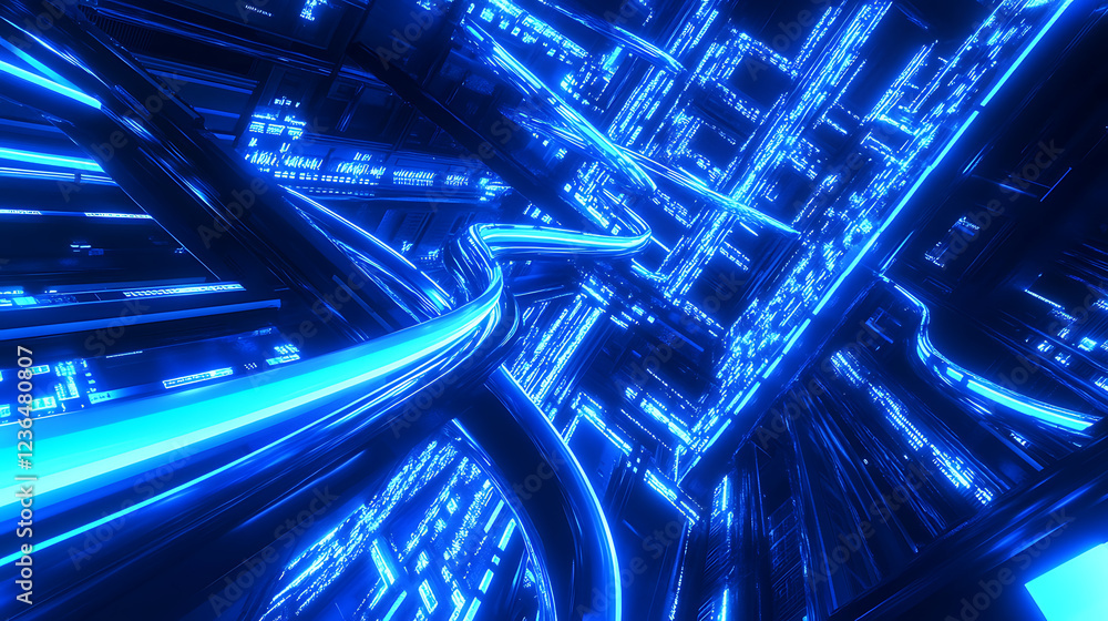 Fototapete A vibrant, futuristic digital landscape featuring glowing blue pathways and intricate structures, creating a sense of depth and movement.