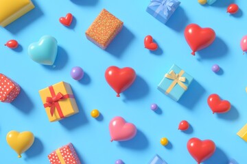 Colorful Festive Scene with Gifts, Balloons, and Hearts on a Bright Blue Background