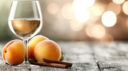  a glass of white wine with apricots and cinnamon sticks on a wooden table The background is slightly blurred, giving the image a dreamy feel