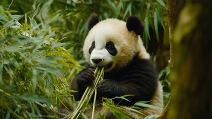 Obraz premium Adorable Baby Panda Munching on Bamboo in Lush Green Forest: Showcasing the Cuteness and Natural Behavior of Young Pandas in Their Native Habitat with Dense Greenery