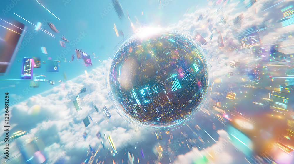 Poster a vibrant visualization of a digital world, featuring a glowing sphere amidst colorful data streams 