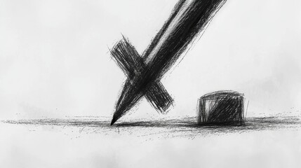  a black and white drawing of a cross on a piece of paper, with a pen in the foreground and a white background The cross is drawn in detail, with the pen and paper