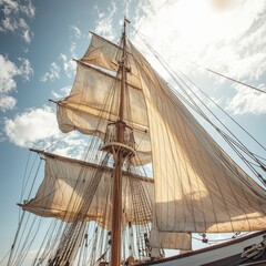 Obraz premium Sailboat Under Blue Sky with Billowing Clouds and Bright Sail
