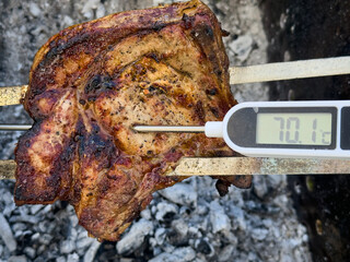 piece of meat grilling, with a thermometer reading 70.1 C. The meat appears appetizing and well-browned.
