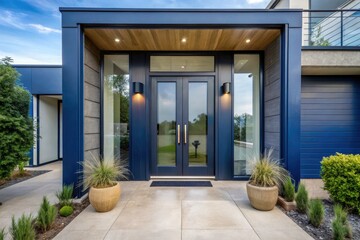 Fototapeta premium A contemporary house design showcases navy blue glass doors, creating a stylish entrywayâ€”a stunning modern exterior, expertly photographed.