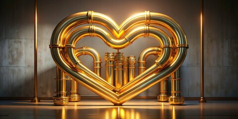 A contemporary gold heart sculpture, with a double pipe abstract design, adds sophisticated elegance to any interior.
