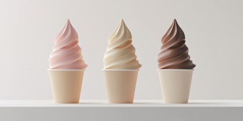 Three frozen yogurt cups in pink, yellow, and chocolate.
