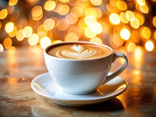 Obraz premium A creamy latte in a pristine white cup, photographed in a softly-focused coffee shop setting.