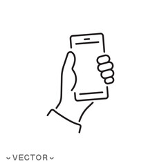 smartphone in hand icon, mobile phone in hand thin line symbol concept isolated on white background, editable stroke eps 10 vector illustration