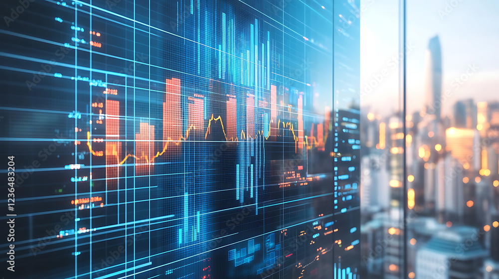 Poster a futuristic cityscape with digital graphs and data visualizations, highlighting financial trends an