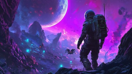 Astronaut explores alien planet, vibrant purple sky, mysterious creatures, fantasy landscape, sci-fi artwork