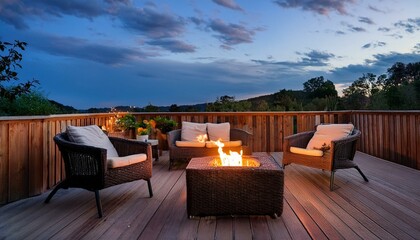 cozy rustic outdoor patio with wooden furniture and fire pit under twilight sky