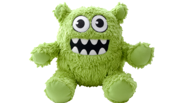 Green plush monster toy sitting on transparent background